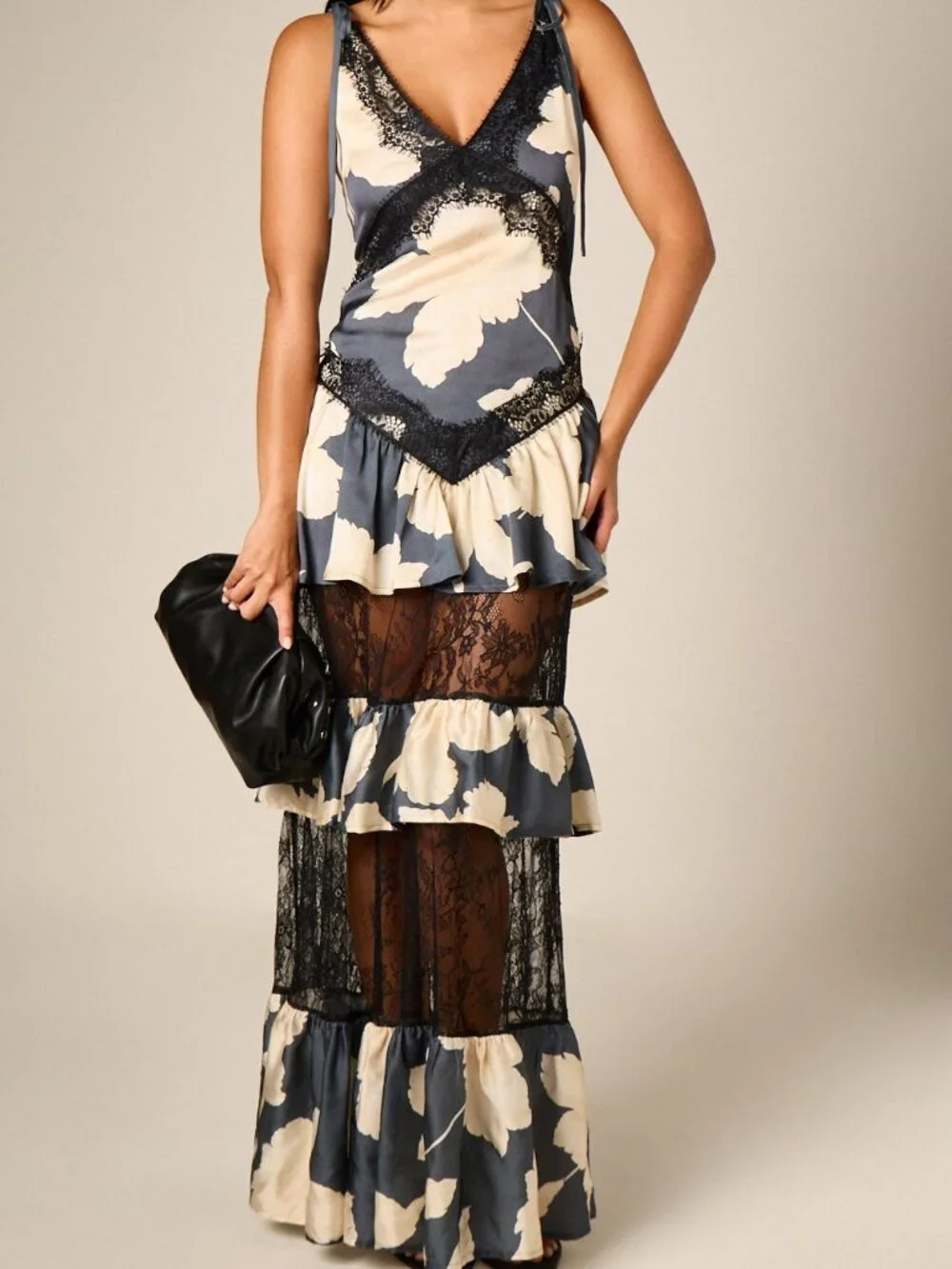 Multicolor Elegant Women's Tiered Floral Maxi Dress With Lace Panels